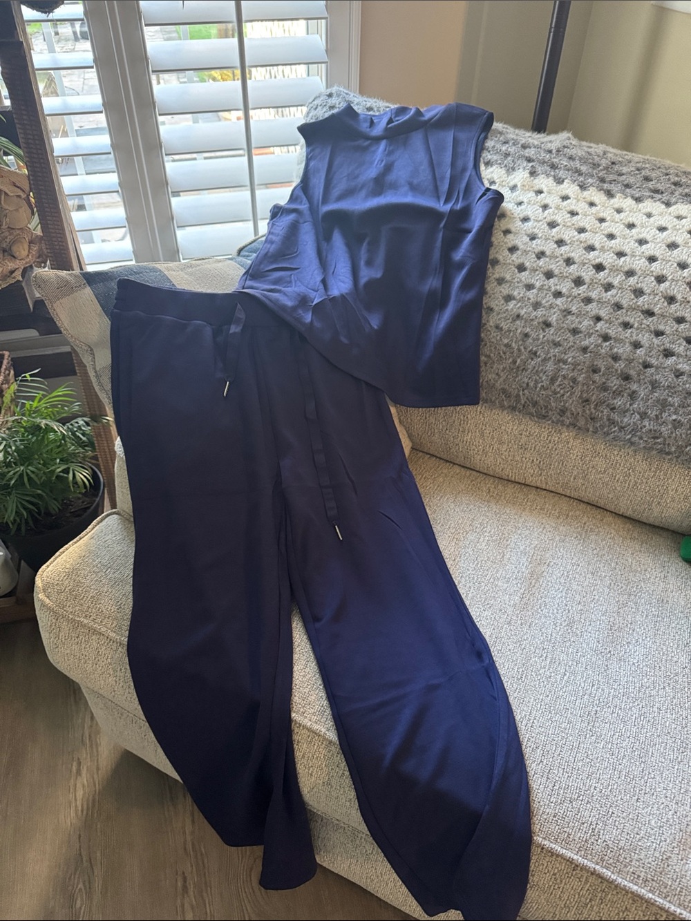 Navy Wide-Leg Drawstring Pants & Sleeveless Top Set